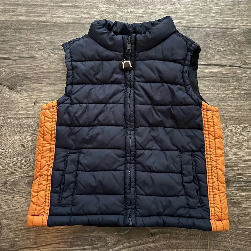 Gymboree Boy's Puffer Vest Size 12-24 months Football Orange Navy Blue